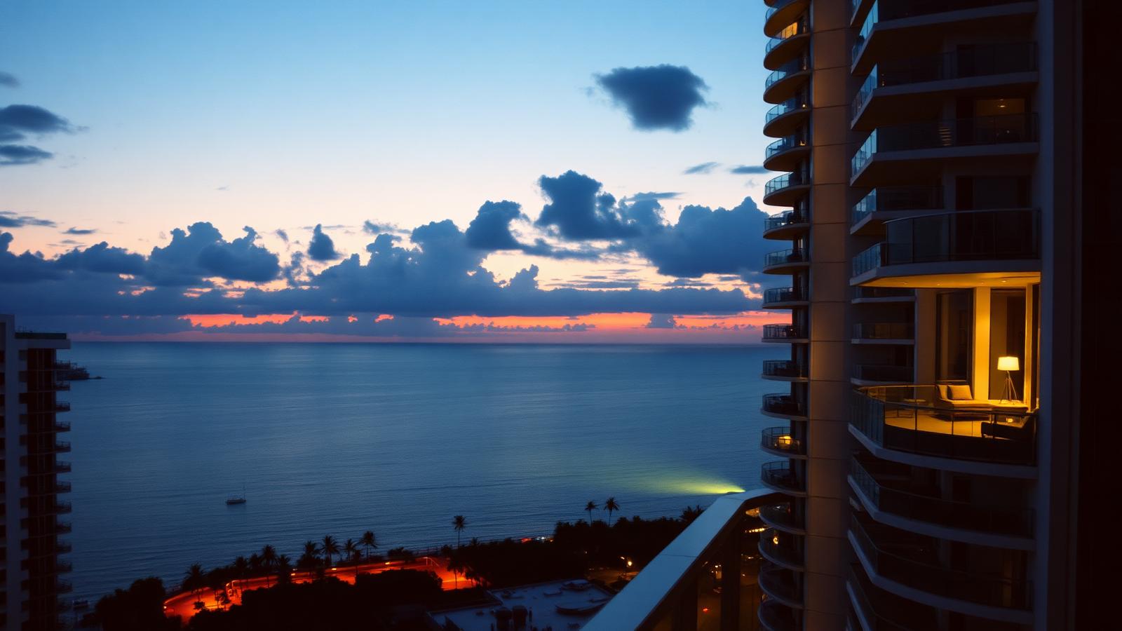 Miami high-rise condominium at twilight
