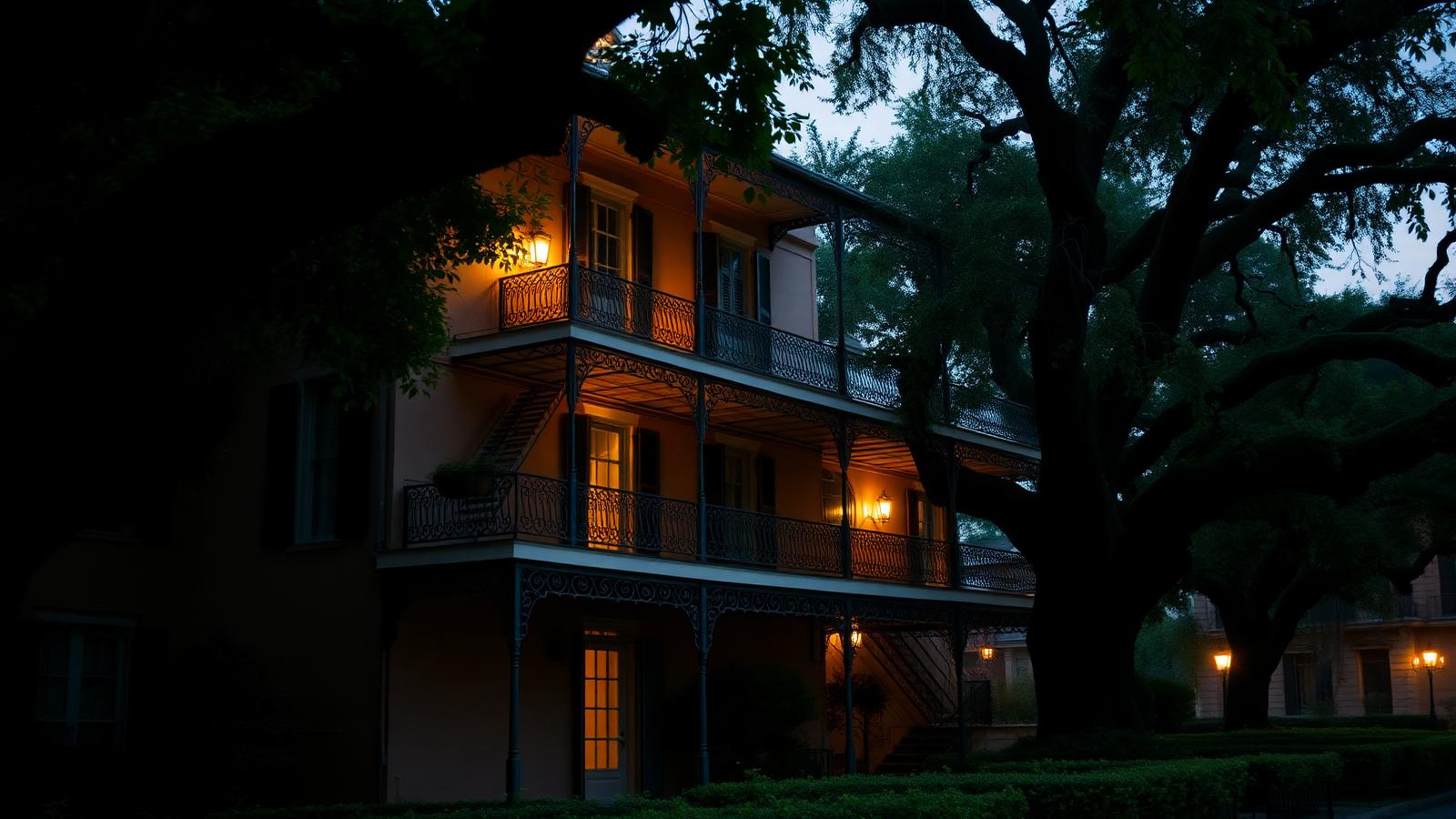 New Orleans Garden District historic mansion at dusk