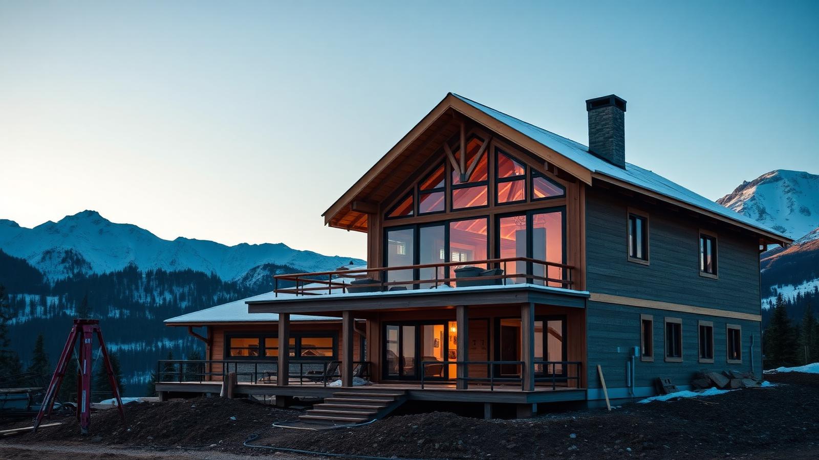 Custom Cascade mountain home under construction at dusk