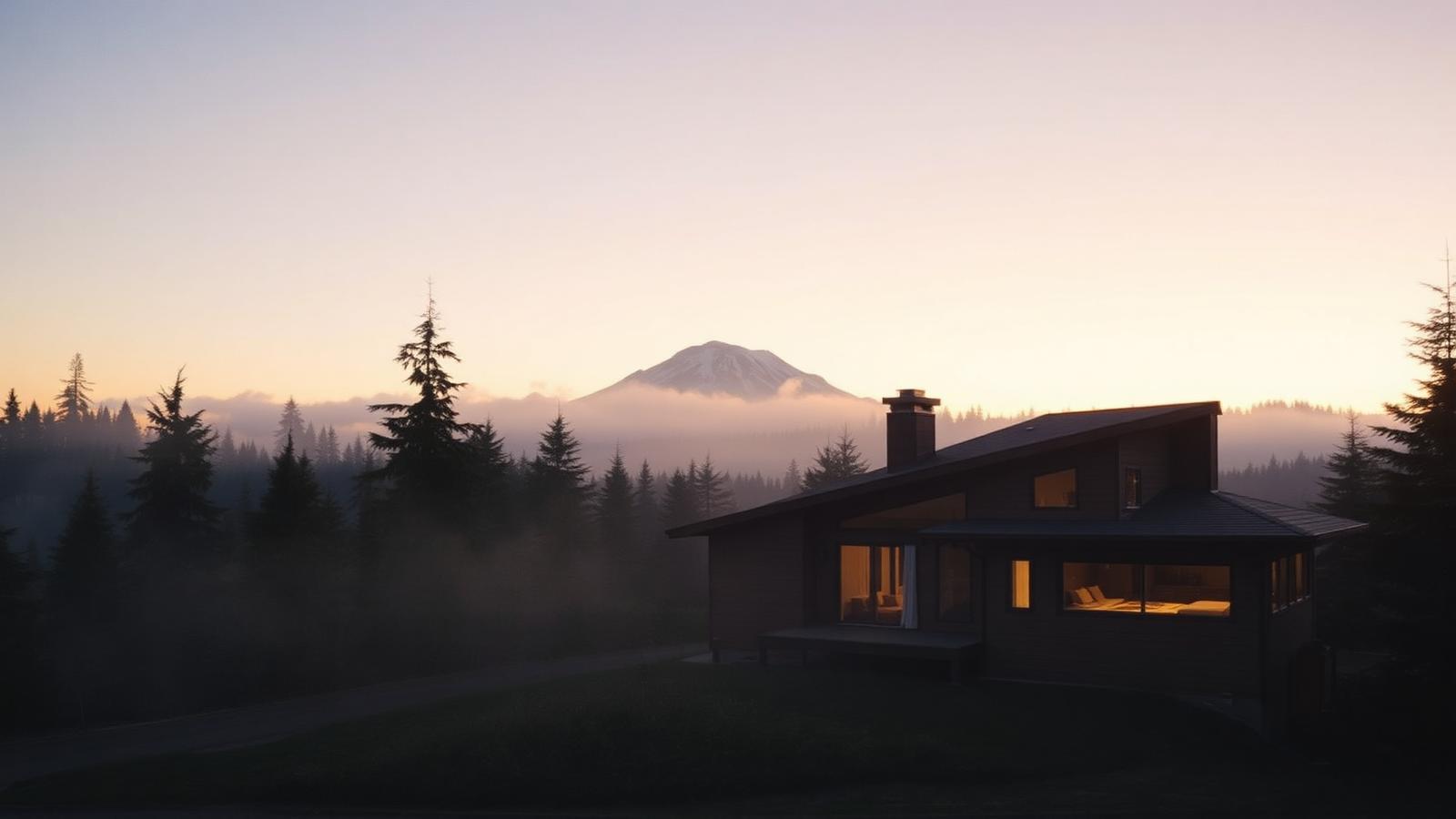 A modern, upscale home in the West Hills of Portland with a view of the city in the background.